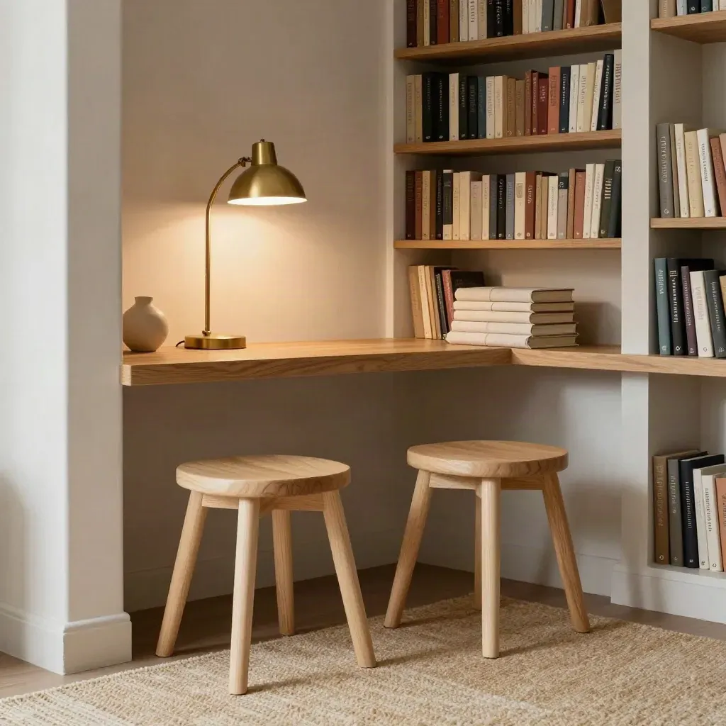 Angolo studio vuoto con due sgabelli, lampada, libri e scaffale in una sala comunitaria calda