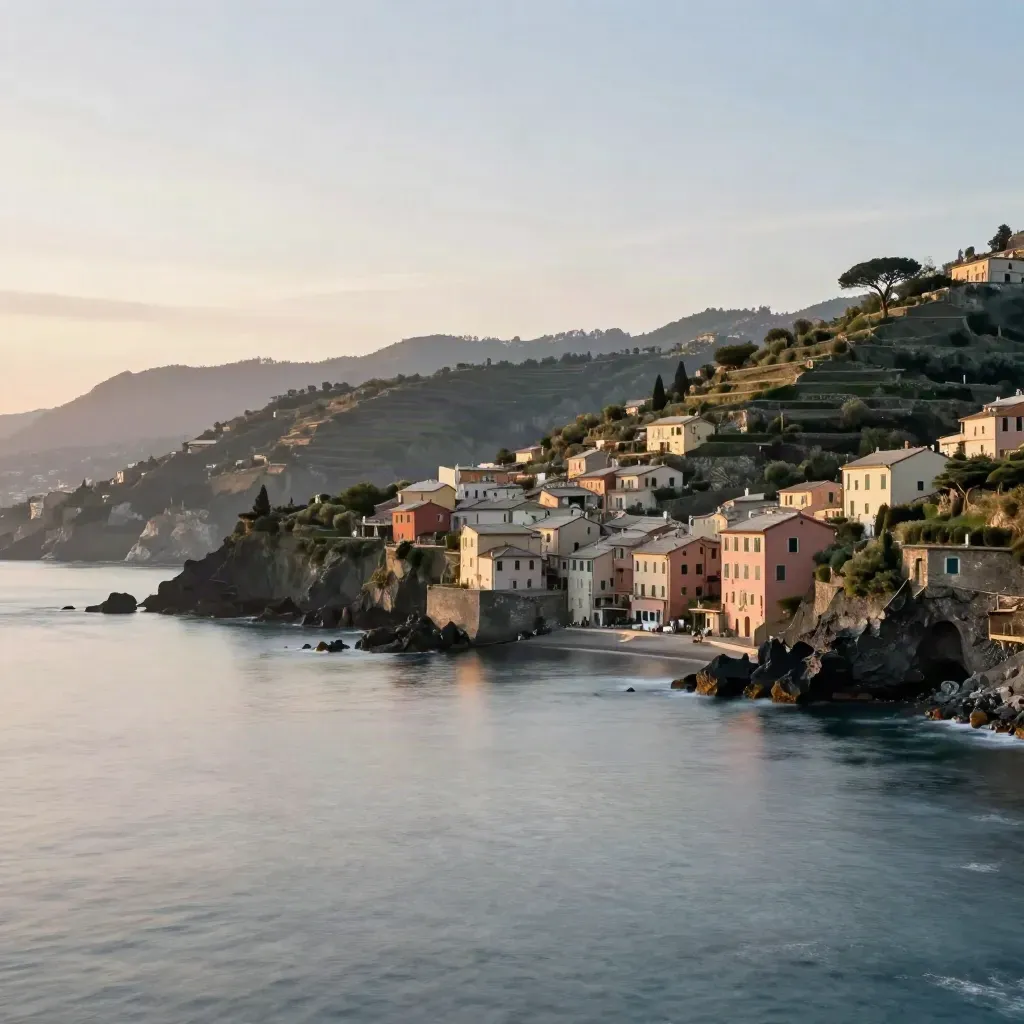 Villaggio costiero ligure a terrazze sopra un inlet tranquillo, mare calmo e foschia al tramonto